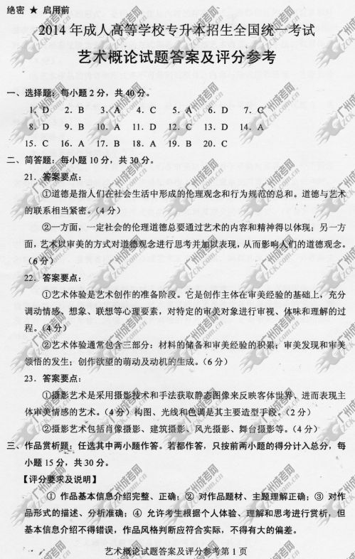 安徽省成人高考2014年统一考试专升本艺术概论真题B卷参考答案
